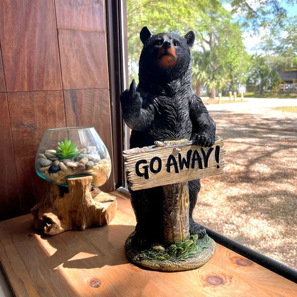 Rude Black Bear Statue with Go Away Sign 15 Resin Outdoor Garden Cabin Decor